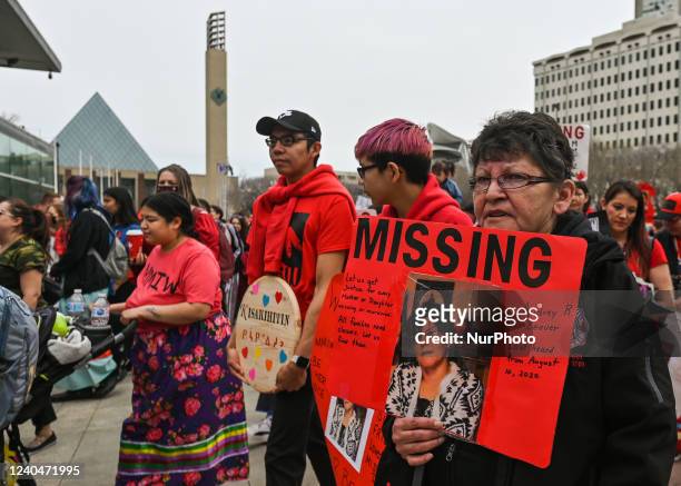 Participants during the annual Red Dress Day march in downtown Edmonton, hosted by Project REDress, commemorating the lives of missing and murdered...