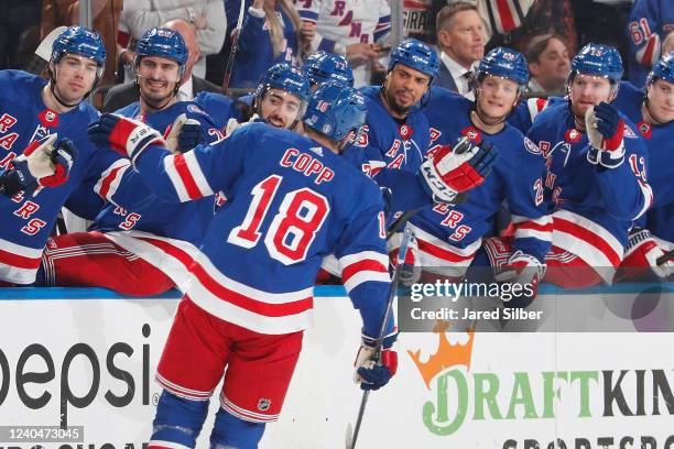 Andrew Copp of the New York Rangers celebrates his first period goal against the Pittsburgh Penguins in Game Two of the First Round of the 2022...