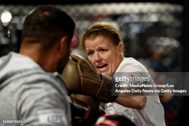 La Mirada, CA UFC womens featherweight title challenger Tonya Evinger during UFC 214 Open Workout at the UFC Gym La Mirada, Thursday, July 27, 2017.