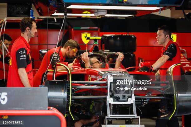 Monegasque driver Charles Leclerc of Scuderia Ferrari car is seen at the garage during previews ahead of the F1 Grand Prix of Miami at the Miami...