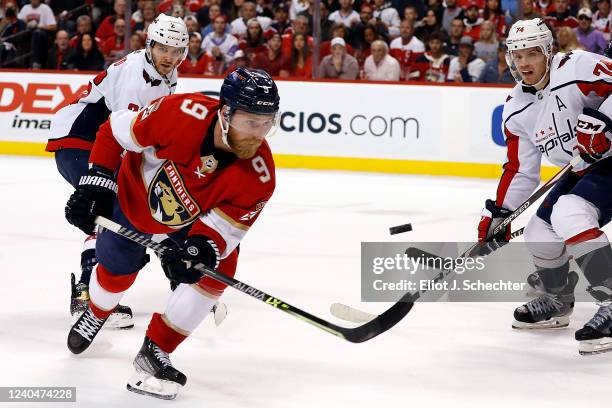 Sam Bennett of the Florida Panthers attempts to gather a lose puck during first period action against the Washington Capitals in Game Two of the...