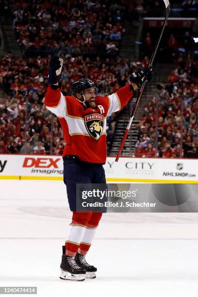 Aaron Ekblad of the Florida Panthers celebrates his goal during the first period against the Washington Capitals in Game Two of the First Round of...