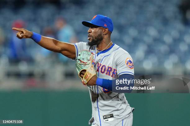 Starling Marte of the New York Mets reacts after defeating the Philadelphia Phillies at Citizens Bank Park on May 5, 2022 in Philadelphia,...