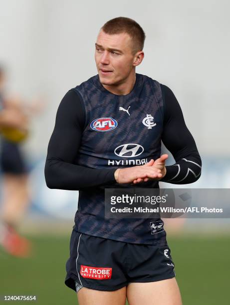 Patrick Cripps of the Blues looks on during the Carlton Blues training session at Ikon Park on May 06, 2022 in Melbourne, Australia.
