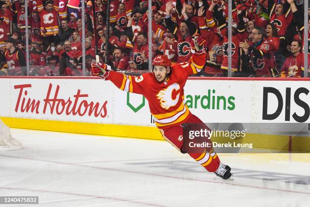 Johnny Gaudreau of the Calgary Flames celebrates after scoring against the Dallas Stars during the first period of Game Two of the First Round of the...