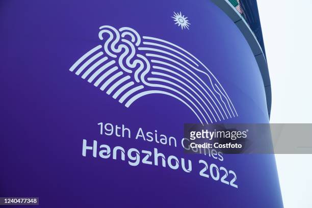 Photo taken on May 6, 2022 shows the emblem of the 2022 Hangzhou Asian Games in Hangzhou, east China's Zhejiang Province. On May 6 the Director...