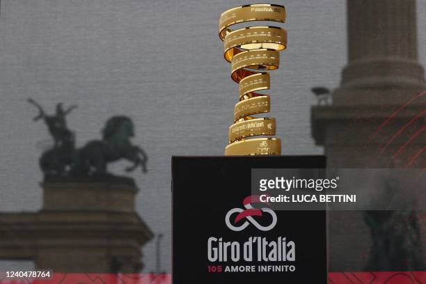 The race's winner's trophy "Trofeo Senza Fine" is displayed prior to the start of the first stage of the Giro d'Italia 2022 cycling race, 195...