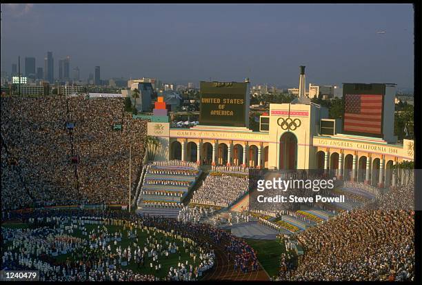 A GENERAL VIEW OF THE OLYMPIC STADIUM DURING THE OPENING CEREMONY FOR THE 1984 SUMMER OLYMPICS HELD IN LOS ANGELES IN THE UNITED STATES OF AMERICA.