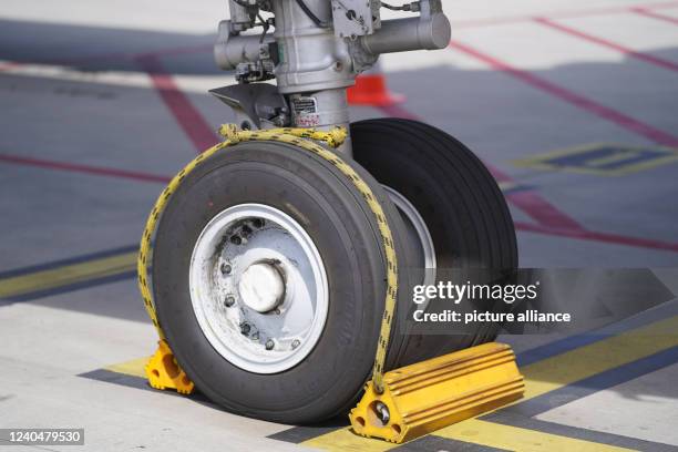 View of the tires of the landing gear of an Airbus A319 of the airline Eurowings at Hamburg Airport. Eurowings plans up to 350 departures to 60...