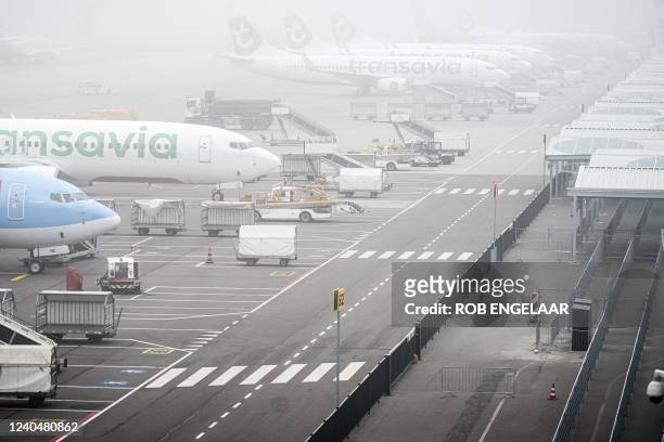 Aeroplanes are grounded at Eindhoven Airport as heavy fog delays several flights in Eindhoven on May 6, 2022. / Netherlands OUT / ROB...