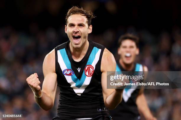 Jeremy Finlayson of the Power celebrates a goal during the 2022 AFL Round 08 match between the Port Adelaide Power and the Western Bulldogs at...