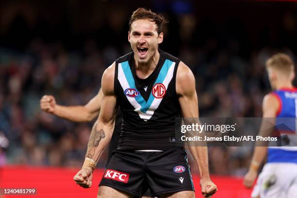 Jeremy Finlayson of the Power celebrates a goal during the 2022 AFL Round 08 match between the Port Adelaide Power and the Western Bulldogs at...