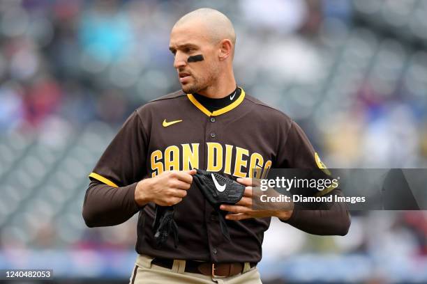 Trayce Thompson of the San Diego Padres looks on during the second inning of game one of a doubleheader against the Cleveland Guardians at...