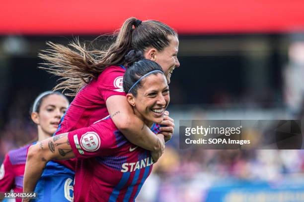 Jenni Hermoso and Claudia Pina of FC Barcelona celebrate after scoring a goal during the Primera Iberdrola match between FC Barcelona Femeni and...
