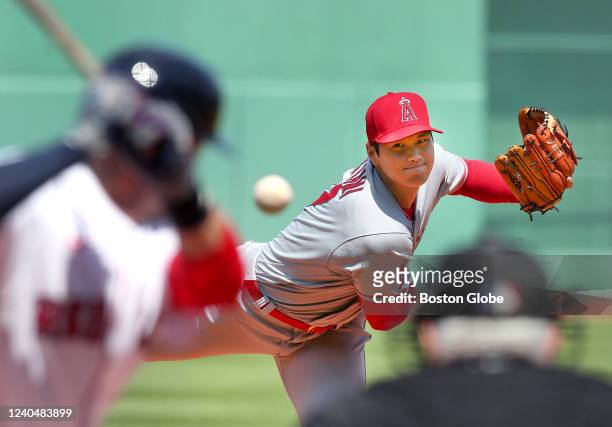 Los Angeles Angels pitcher Shohei Ohtani fires a 1st inning pith to Boston Red Sox left fielder J.D. Martinez . The Boston Red Sox host the Los...