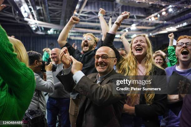 Patrick Harvie, Scottish Green Party co-leader, is seen celebrating with other members of the Scottish Green party on May 6, 2022 in Glasgow, United...