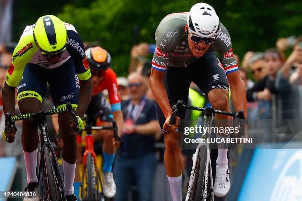 Team Alpecin-Fenix Dutch rider Mathieu van der Poel sprints on his way to win, ahead of Team Wanty's Eritrean rider Biniam Girmay Hailu the first...