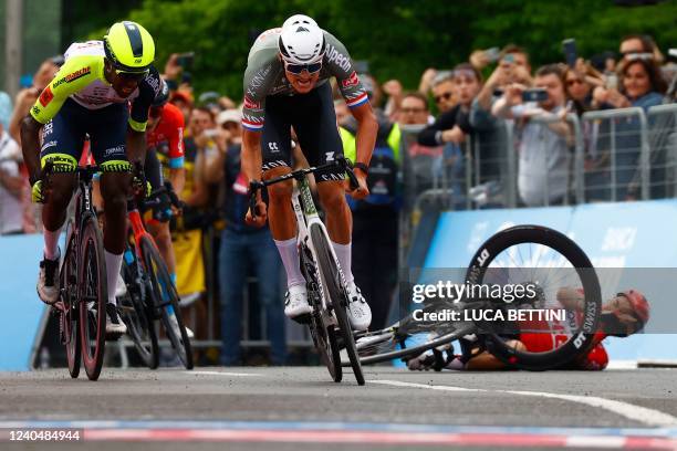 Team Alpecin-Fenix Dutch rider Mathieu van der Poel sprints on his way to win, ahead of Team Wanty's Eritrean rider Biniam Girmay Hailu , and as Team...