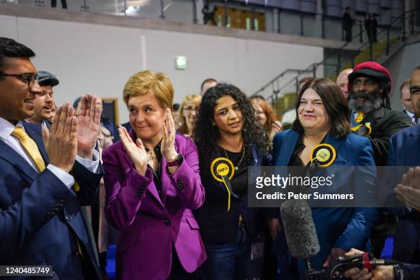 First Minister of Scotland Nicola Sturgeon, Leader of the SNP, is seen meeting candidates at the election count on May 6, 2022 in Glasgow, United...