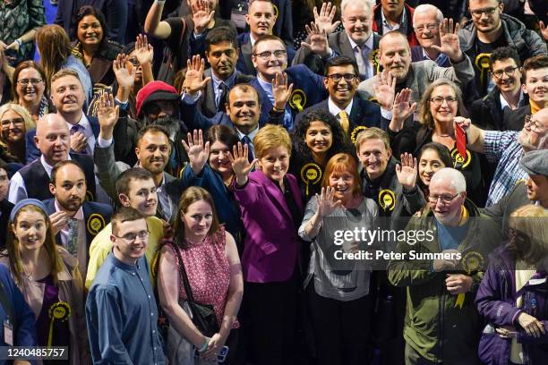 First Minister of Scotland Nicola Sturgeon, Leader of the SNP, is seen meeting candidates at the election count on May 6, 2022 in Glasgow, United...