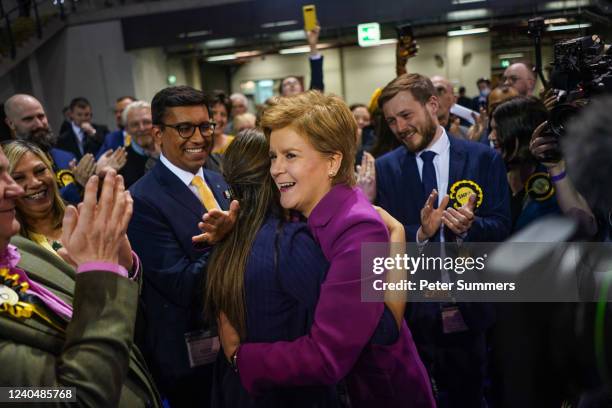 First Minister of Scotland Nicola Sturgeon, Leader of the SNP, is seen meeting candidates at the election count on May 6, 2022 in Glasgow, United...