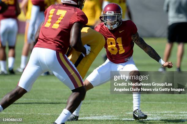 Los Angeles, CA Trevon Sidney and Josh Imatorbhebhe during football practice at Howard Jones Field on the USC campus in Los Angeles, Friday, August...