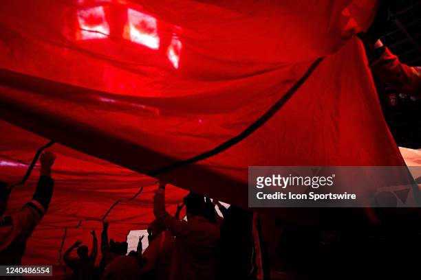Giant Canadian flag makes its way across fans during the national anthems ahead of game 2 of the first round of the NHL Stanley Cup Playoffs between...