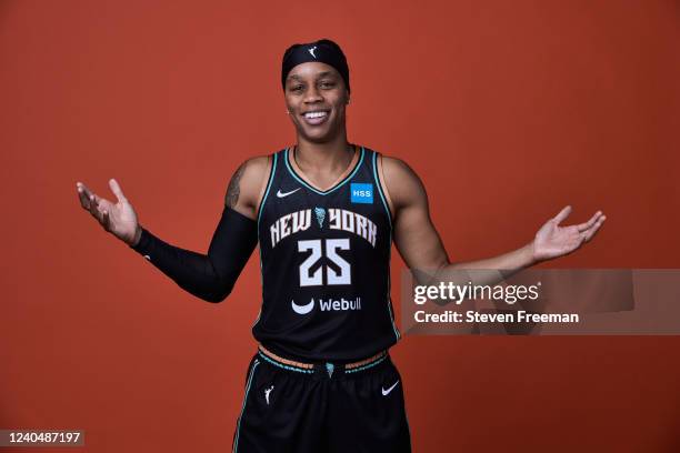 Asia Durr of the New York Liberty poses for a portrait during media day at the Barclays Center on May 1, 2022 in Brooklyn, New York. NOTE TO USER:...