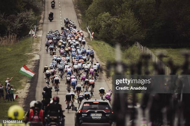 General view of the peloton competing in a flowery landscape during the 105th Giro d'Italia 2022 in Visegrad, Hungary on May 06, 2022. Stage 1 a...