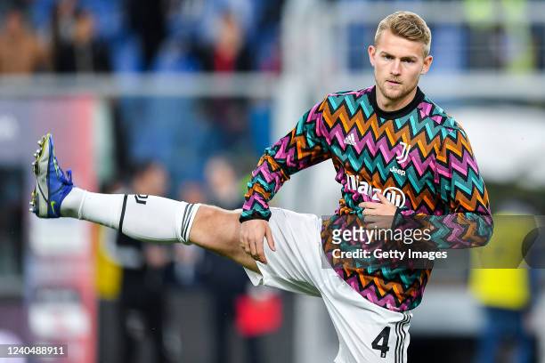 Matthijs De Ligt of Juventus is seen in action during his warm-up session prior to kick-off in the Serie A match between Genoa CFC and Juventus at...