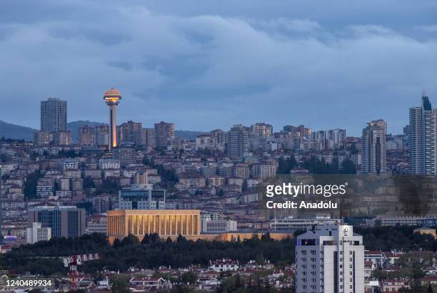 Atakule, one of the landmarks of the city, and Anitkabir, the mausoleum of Mustafa Kemal Ataturk, the founder of the Turkish Republic are seen during...