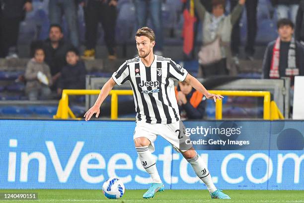 Daniele Rugani of Juventus is seen in action during the Serie A match between Genoa CFC and Juventus at Stadio Luigi Ferraris on April 30, 2022 in...