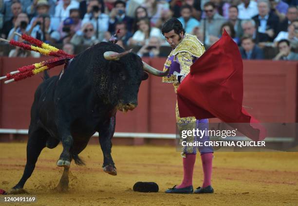 Spanish bullfighter Morante de La Puebla performs a pass with muleta during the Feria de Abril bullfighting festival at La Maestranza bullring in...