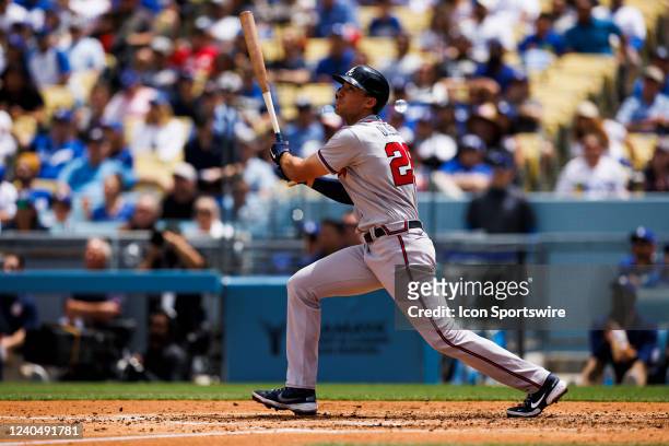 Atlanta Braves left fielder Alex Dickerson at bat during the MLB regular season baseball game against the Los Angeles Dodgers on Wednesday, April 20,...