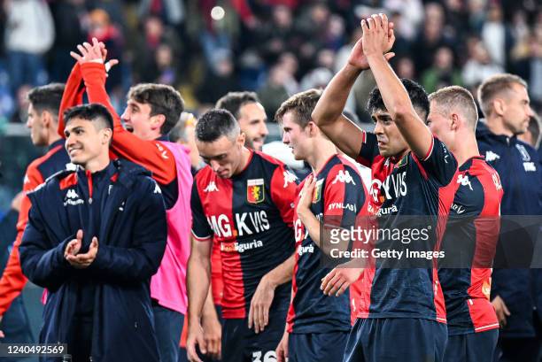 Nadiem Amiri of Genoa greets the crowd after the Serie A match between Genoa CFC and Juventus at Stadio Luigi Ferraris on April 30, 2022 in Genoa,...