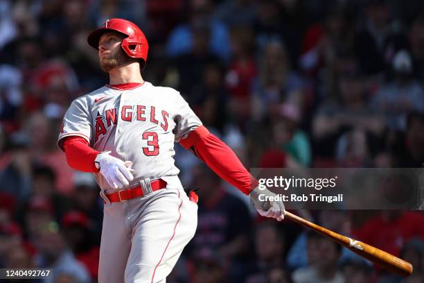 Taylor Ward of the Los Angeles Angels bats during the game between the Los Angeles Angels and the Boston Red Sox at Fenway Park on Thursday, May 5,...