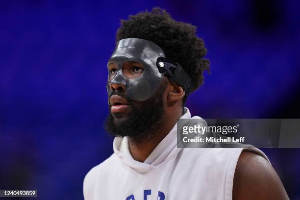 Joel Embiid of the Philadelphia 76ers looks on prior Game Three of the 2022 NBA Playoffs Eastern Conference Semifinals against the Miami Heat at the...