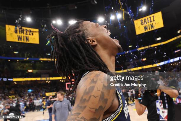 Ja Morant of the Memphis Grizzlies celebrates after Game 2 of the 2022 NBA Playoffs Western Conference Semifinals on May 3, 2022 at FedExForum in...