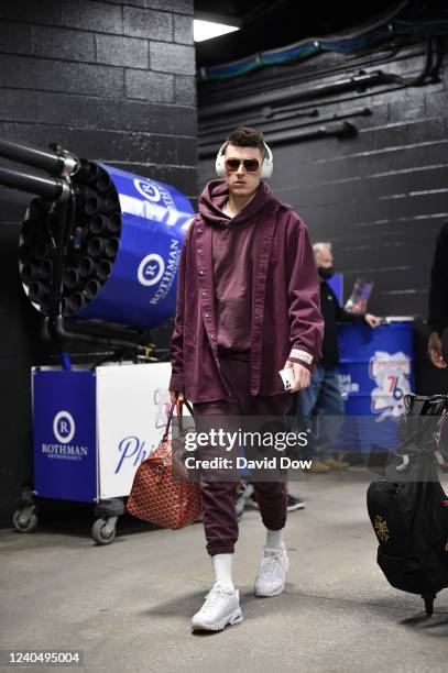 Tyler Herro of the Miami Heat arrives at the arena before the game against the Philadelphia 76ers during Game 3 of the 2022 NBA Playoffs Eastern...