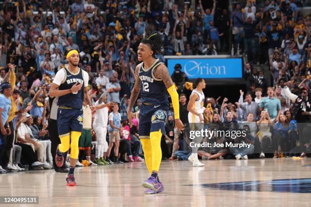 Ja Morant of the Memphis Grizzlies celebrates during Game 2 of the 2022 NBA Playoffs Western Conference Semifinals on May 3, 2022 at FedExForum in...