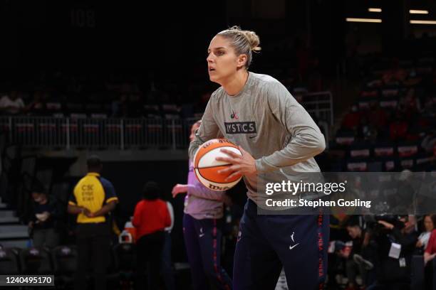 Elena Delle Donne of the Washington Mystics warms up before the game against the Indiana Fever on May 6, 2022 at Entertainment & Sports Arena in...