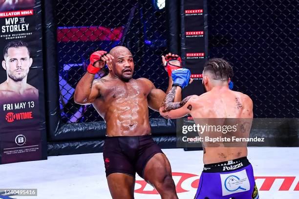 Yoel ROMERO of Cuba fights against Alex POLIZZI of United States during the Bellator MMA Paris on May 6, 2022 in Paris, France.