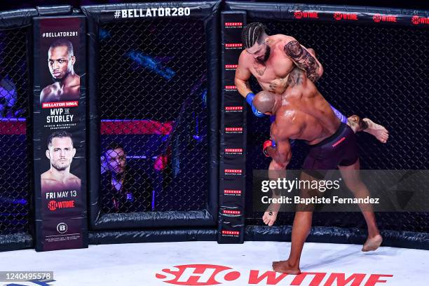 Yoel ROMERO of Cuba fights against Alex POLIZZI of United States during the Bellator MMA Paris on May 6, 2022 in Paris, France.