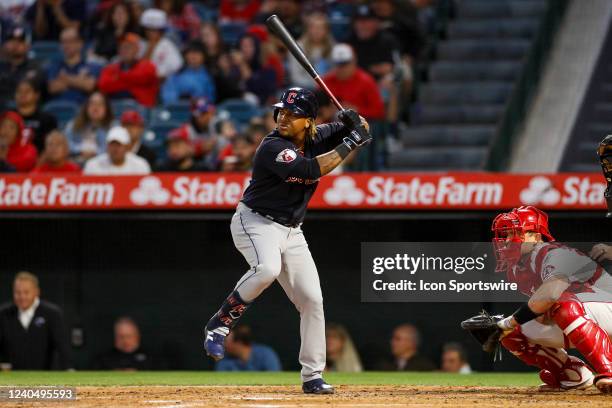 Cleveland Guardians third basemen Jose Ramirez waits for the pitch during a regular season MLB game between the Los Angeles Angels and the Cleveland...