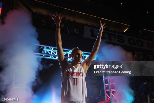 Elena Delle Donne of the Washington Mystics is introduced before the game against the Indiana Fever on May 6, 2022 at Entertainment & Sports Arena in...