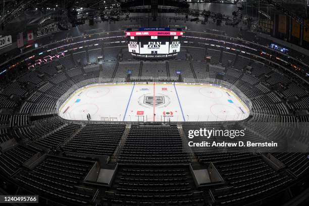 Overall of the ice rink prior to Game Three of the First Round of the 2022 Stanley Cup Playoffs between the Edmonton Oilers and the Los Angeles Kings...