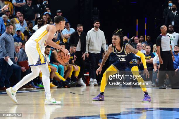 Ja Morant of the Memphis Grizzlies plays defense during the game against the Golden State Warriors during Game 2 of the 2022 NBA Playoffs Western...