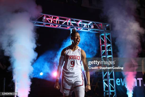 Natasha Cloud of the Washington Mystics is introduced before the game against the Indiana Fever on May 6, 2022 at Entertainment & Sports Arena in...