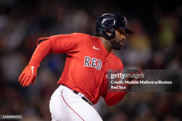 Jackie Bradley Jr. #19 of the Boston Red Sox runs after hitting a double during the fifth inning of a game against the Chicago White Sox on May 6,...