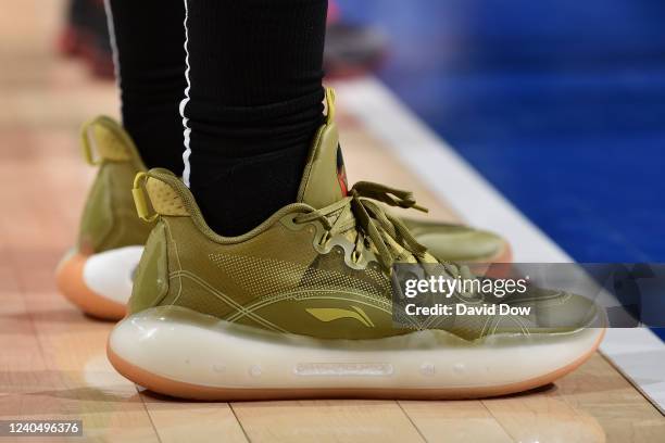 The sneakers worn by Jimmy Butler of the Miami Heat during the game against the Philadelphia 76ers during Game 3 of the 2022 NBA Playoffs Eastern...